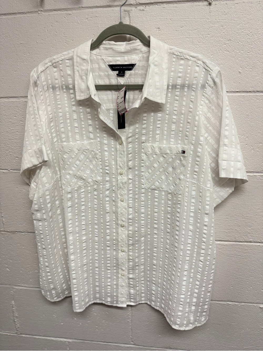 Tommy Hilfiger White Short-Sleeve Textured Stripe Button-Down Shirt